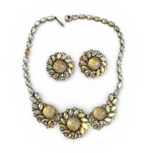 Schiaparelli Aurora Borealis Rhinestone Necklace and Clip On Earrings Set
